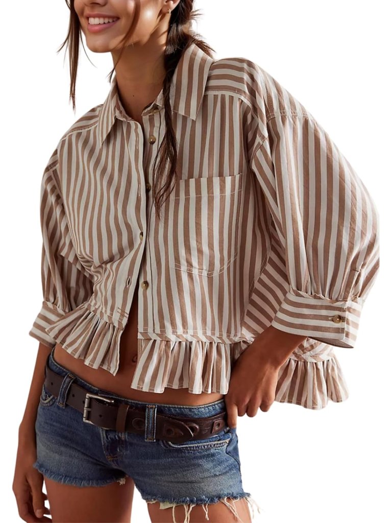 Womens Striped 3/4 Sleeve Blouse Loose V Neck Button Down Ruffled Hem Vertical S